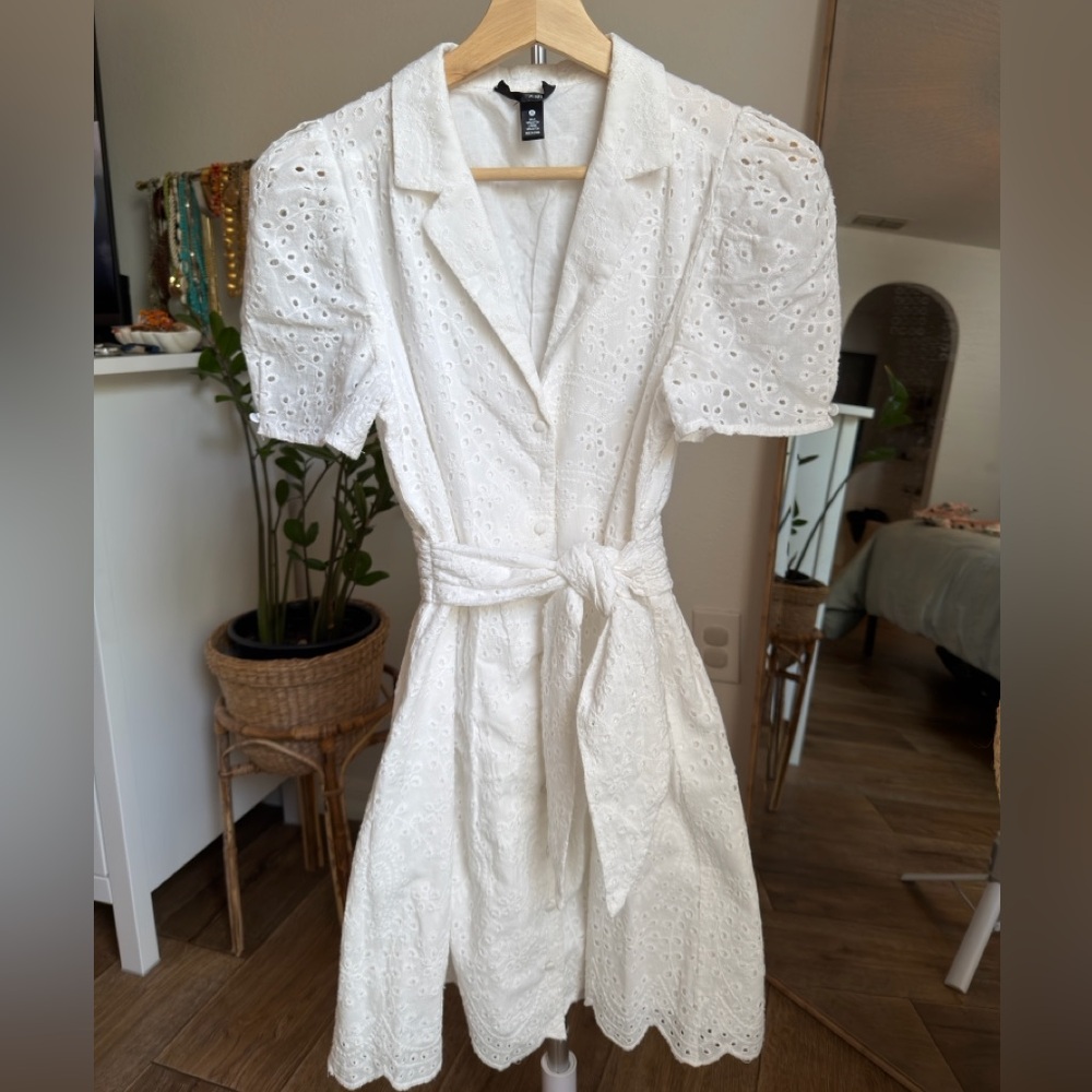 Aqua White Eyelet Tie-Waist Dress